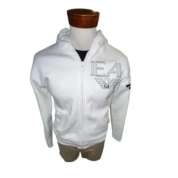 Emporio Armani Mens Size M White Zip Up Hoodie Logo Knit Sleeves